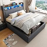 Aoskem Polsterbett 140x200 Doppelbett mit Stauraum, LED-Kopfteil mit USB-Ladestation und Regal, Hydraulisch Stauraumbett Jugendbett Funktionsbett Bettgestell mit Lattenrost, Ohne Matratze, Leinen Grau