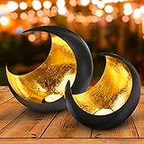 2er Set Moderne Deko Kerzenhalter Teelichthalter Moon Groß 20cm Gold | Herbst Deko Windlicht Schwarz Außen Gold Innen | Orientalische Windlichter Kerzenständer aus Metall als Weihnachtsdeko