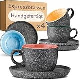 Cosumy Espressotassen mit Untertassen 4er Set Bunt - 90 ml Keramik, 𝗗𝗶𝗰𝗸𝘄𝗮𝗻𝗱𝗶𝗴𝗲𝘀 Steingut mit Handgefertigter Reaktiver Glasur - Hält Lange Warm