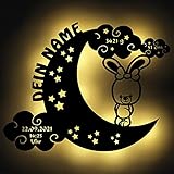 Schlummerlicht Mond-Hase I Personalisiertes Baby-Geschenk zur Geburt & Taufe LED Beleuchtung | Holz Natur I Batteriebetriebene Wand-Lampe Nachtlicht mit Geburtsdaten für Mädchen & Junge