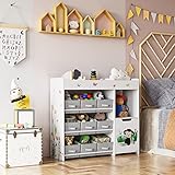 HOCSOK Spielzeugregal Kinderregal mit 9 Aufbewahrungsboxen Spielzeug-Organizer Viel Stauraum Bücherregal Kinderzimmer Holz Weiß 90 x 80 x 29,5 cm