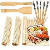 sebudion 10 Stück Sushi Set, wiederverwendbares Sushi Maker Set,enthält 3 Bambusmatte Roller, 5 Paar Essstäbchen, Messer und Reislöffel, für Anfänger und Profis
