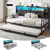 Brinlawb Schlafsofa mit Ausziehbett, Tagesbett 90x200/180x200 cm mit LED Beleuchtung & Ladestation (2 AC-Steckdosen + 2 USB-Anschlüsse), Ausziehbares Bett Praktisches Gästebett für Wohnzimmer, Schwarz