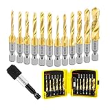 FOCSTOL Kombi Gewindebohrer Set - Titan Kombinationsbohrer Gewindebohrer Set zum Bohren Gewindeschneiden und Senken Eisen Aluminium Kupfer Metall 13 Stück (6-32NC bis 1/4-20NC und M3 bis M10)