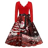 Weihnachtskleid Damen, Weihnachts Swing Kleid, Weihnachts Cocktailkleid, Schneeflocke Weinglas Bedruckt Weihnachtskleid A-Linie Knielang Hohe Taille Weihnachts Kleid Damen Weihnachten Kleid