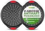 NutriChef Pizzablech Rund 32cm, Antihaftbeschichtete Pizza Set 2-Teilig, Pizzateller Lochblech Backofen für knusprige Böden, PFOA-, PFOS- & PTFE-frei Spülmaschinengeeignet mit Silikongriffen, Schwarz