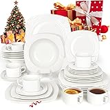Geschirrset Kombiservice 30 Teiliges, Weiß Porzellan Tafelservice 6 Personen, Eckig Modern Teller Set und Kaffeetassen Set Service mit Geprägtes Federmuster, Weihnachts- und Neujahrsgeschenke