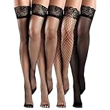 Cozlly 4 Paare Damen Netzstrümpfe, Silikon Spitze Schenkelstrümpfe, Rutschfeste Nylon Lange Elastische Strümpfe, Halterlose Netzstrümpfe, Sexy Netzstrümpfe Stockings, Einheitsgröße - Schwarze