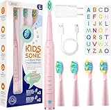 Seago Elektrische Zahnbürste Kinder ab 6, Kinderzahnbürste mit Smart Timer, 4 Weiche Ersatzbürstenköpfe, 5 Putzmodi, IPX7 Wasserdicht, 2 Buchstaben Aufkleber, USB Adapter, SG-2303(Hellrosa)