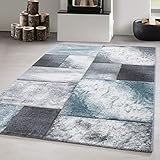 Carpetsale24 Konturenschnitt Teppich Wohnzimmer Blau - Grau - Weiß 120 x 170 cm - Kurzflor Teppich Schlafzimmer Kariert und Marmor Design Pflegeleicht Weich - Waschbarer Teppiche für Esszimmer Küche