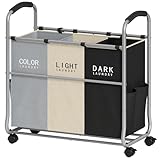 Tajsoon Wäschesortierer mit 3 Abschnitten, Wäschesortierwagen mit Robusten, Feststellbaren Rädern und Abnehmbaren Taschen, Getrennter Wäschekorb zur Aufbewahrung von Kleidung, Grau + Beige + Schwarz