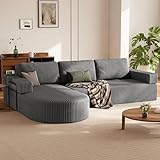HOMRELEXA Ecksofa mit Schlaffunktion, Cord Schlafsofa L Form, Boneless Couch, Wohnlandschaft Schlafcouch mit 75cm Sitzfläche, Modulares Sofa Bed Sofabett mit Abgerundeter Chaise Longue, Grau