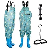 BTONGE Wathose Kinder Anglerhose Wathose mit Stiefel PVC/Nylon Wasserdicht Matschhose Wathose Angler Angeln & Jagd Wathose Watstiefel Regenhose für Jungen Mädchen Kleinkind Kinder, 35 EU Blau