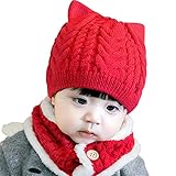 Babymütze, Wintermütze, Kleinkind, Katze, Beaniess Mütze mit Schal, gefüttert, Strickmütze, Halswärmer für Kinder 2, rot, Einheitsgröße