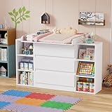 2-in-1 Wickelkommode mit abnehmbarem Wickelaufsatz, Baby Wickeltisch&Kommode mit 3 Schubladen und 6 Regalfächern für Kinderzimmer und Schlafzimmer,73x70x78 cm/113x32x70 cm, Weiß（Ohne wickelauflage)