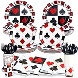 Ouvibor 168-teiliges Casino-Partyzubehör, Casino-Pappteller, Servietten, Geschirr-Set, Casino-Geburtstagsparty-Geschirr, Zubehör, inklusive Poker-Club-Servietten, Becher, Messer, Gabeln, Löffel, 24