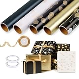 5 Rollen Geschenkpapier Set, 3m x 43cm Geschenkpapier Gold Schwarz Geschenkpapier Geburtstag Geschenkpapierrolle mit Schleifenband für Hochzeit Valentinstag Ostern Geburtstag
