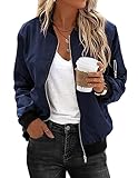 Zeagoo Bomberjacke Damen Langarm Leicht Blouson Jacke Fliegerjacke Atmungsaktiv Sportlich Kurzjacke mit 2 Taschen Reißverschluss Blouson Navy Blau für Herbst Fruhling Sommer L