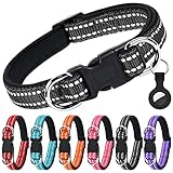AUAUY Reflektierend Halsband Hund, Verstellbares Atmungsaktives Hundehalsband, Weich Gepolstertes Neopren Nylon Hunde Halsband mit Doppel-D-Ring, AirTag-Hülle für Kleine Mittel Große Hunde(Schwarz-S)