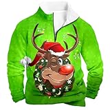Generisch Bedruckter Pullover mit hohem Kragen halbem Reißverschluss, gefüttert mit Fleece, Kapuzenlos, warmes Winter-Freizeit-Streetwear-Top (Green, XXXXL)