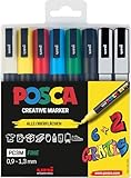Faber-Castell uni-ball 186825 - POSCA Marker Set, 8er Etui Acrylstifte PC-3M, 0.9 - 1.3 mm, 6 Standardfarben + 2 wechselnde Sonderfarben