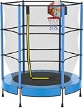 PILIN Kinder Trampolin Jumper 145 cm - Metallfedern, Sicherheitsnetz mit Reißverschluss, Rahmenpolster, Basketballkorb - Indoor Kindertrampolin Spielzeug