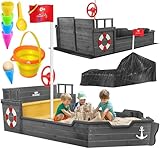 KIDIZ® Sandkasten AHOI - Piratenschiff Boot Segelschiff aus Holz Inkl. Abdeckung, Bodenplane, Sitzbank, Flaggenmast, Spielzeuge | Große Kinder Sandkiste für den Garten | Outdoor Sandbox Antrazit
