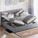 Boxspringbett Polsterbett 180x200 cm, Gepolstert Bett mit Großer Stauraum und Kopfteil, Doppelbett mit 2 Bettkästen und Lattenrost, Stauraumbett Jugendbett Bettrahmen, Leinen, Grau, ohne Matratze