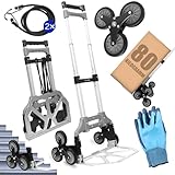 Treppensteiger Sackkarre klappbar – 3-Rad Transportwagen für Treppen, 80 kg Tragkraft – Faltbarer Handwagen mit 6 Rädern + Handschuhe & Spanngurte
