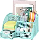 POPRUN Kinder Schreibtisch Organizer Stiftehalter Tisch Organizer mit Stiftablagen und Schublade aus Metall Netz für Büro und Schule Grün