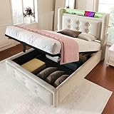 DUlVBPE Polsterbett 90x200, Einzelbett mit Led-Kopfteil und USB C Ladefunktion, Hydraulisches Bett mit Lattenrost aus Holz und Metallrahmen, Belastbarkeit 150 kg,Beige,Baumwolle(Ohne Matratze)