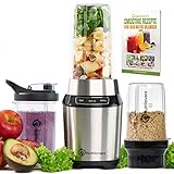 NUTRI-BLENDER Smoothie-Maker “Mix & Go” [1000W] mit Auto-IQ 100% BPA-FREI Inkl. Rezeptbuch + 2x Becher + To go Deckel - Mini-Standmixer Edelstahl 30.000 RPM Personal Blender Mini-Mixer