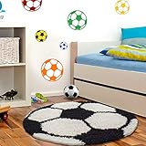 Muratap Teppich Kinderzimmer Kinderteppich Spielteppich Fußball - Spielzimmer Kinderzimmer Jugendzimmer Jungen, Mädchen Sport Dekoration - Große: 120 cm - Rund - Farbe: Schwarz/Weiß