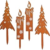 4er Set Rost Weihnachtsbaum Kerzen weihnachten Deko Outdoor Gartenstecker Roststecker Weihnachtsdeko Draußen Gartendeko aus Rust Blumenstecker Weihnachten für Advent Weihnachts Garten Balkon Grabschmu