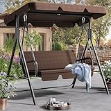 YITAHOME Hollywoodschaukel, 3 Sitzer Outdoor Hollywoodschaukeln mit Liegefunktion, Metall Gartenschaukel mit Verstellbarem Sonnendach & Abnehmbarem Kissen für Erwachsene,270KG Belastbar,Braun