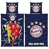 FC Bayern München Wende-Bettwäsche Player 135 x 200 + 80 x 80 cm 100% Baumwolle Linon Fußball FCB Deutscher Rekord-Meister Mia san Mia Fußball Allianz Arena deutsche Größe mit Reißverschluss