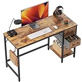 CubiCubi Schreibtisch mit 2 Schubladen und Kopfhörerhaken, 100×50×75cm Kleiner Computertisch, Bürotisch, für Arbeitszimmer, Schlafzimmer, Metallgestell, Vintagebraun