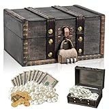 Idota Schatztruhe Holz, Vintage Schatzkiste mit Zahlenschloss Klein Piratenschatztruhe Holz Aufbewahrung Schatzkiste Schmuckkästchen mit Deckel Schatzkiste Kindergeburtstag (15x12x8cm, Grau)