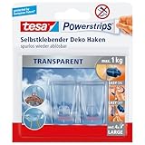 tesa Klebehaken für transparente Oberflächen und Glas (1 kg) - Durchsichtige, selbstklebende Haken - Bis zu 1 kg Halteleistung pro Haken, 2-er Pack