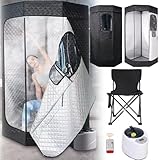 Sauna Saunazelt, 1200W Saunakabine Dampferzeuger Sauna Dampfsauna für Zuhause Draussen Tragbare Saunazelt Timer & 9 Temperaturstufen mit Dampfsauna 3L Dampftopf Fernbedienung Klappstuhl 180CM(H)