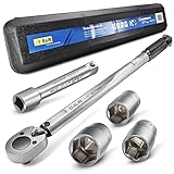 S&R Drehmomentschlüssel 28-210 Nm Set, 1/2' Drehmoment-Schlüssel 475 mm, Verlängerung 125 mm, 3 Stecknüsse 17, 19, 21 mm; Kfz Reifenschlüssel Auto TÜV geprüft GS bruchfest Nüsse