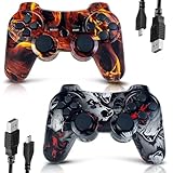 CHENGDAO Controller für PS3, 2 Pack Kabelloser Controller für Playstation 3 mit Double Shock Ergonomie, wiederaufladbarer Gamepad-Joystick mit Ladekabel (Skull & Fire)