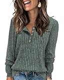 Tanmolo Damen Leichte Strickpullover Langarm Henley Shirt Herbst lässig Rundhals-Knöpfe Elegant Sweatshirt Tunika Tops Aschgrau-Grün, M
