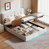 Bett mit Bettkasten, 140 x 200 cm, gepolstert, mit hydraulischer Aufbewahrung und LED-Beleuchtung, Kopfteil mit Stauraum Seitentasche, Bettgestell mit Lattenrost aus Holz, Samt