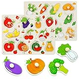 DAGORD Holzpuzzle Obst Gemüse Baby Spielzeug Puzzle ab 1 2 3 Jahre Montessori Spielzeug Steckpuzzle Holz mit Großen Holzknöpfen zum Greifen Lernspielzeug für Jungen und Mädchen Kindergeschenke