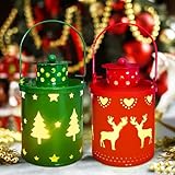 2 Stück Weihnachtslaterne, Laterne Weihnachten, Weihnachtsdeko Laterne, Windlicht Tischdeko Kerzen, Retro Eisen Lampe, Flammenlose Weihnachtskerzen Lichter zum Tragen, Aufhängen oder als Tischdeko