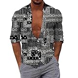 Herren Casual Button Down Hawaiihemd Herren Baumwolle Leinen Textur Henley Shirt Casual Hippie Kurzarm Strand T Shirts, schwarz 2, Large