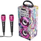 TRENDIX - Karaoke Maschine Kinder | Rosa Karaoke Anlage | Karaoke Anlage mit 2 Mikrofonen, Radio FM, USB, Bluetooth und SD | Musikbox Kinder | Musikbox mit Mikrofon