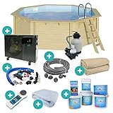 Holzpool umfangreiches Komplett-Set Warm & Clean Achteck Schwimmbecken - Wärmepumpe Bypass Anschluss PoolLab Poolflex-Druckschlauch hochwertige Wasserpflege (4,70 x 4,70 x 1,24 m Sandfarben)