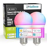 Sailsco Matter Alexa Glühbirne Smart Lampe E27,WiFi Lampe LED Kompatibel mit Alexa/Smart Life,Dimmbar Warmweiß-Kaltweiß und Mehrfarbige Birne,Kontrolle durch APP,Kein Hub Benötigt,A60 9W 806LM,2 Stück